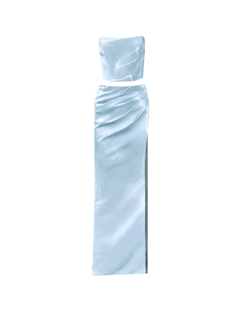 a light blue two piece dress designed by the American fashion designer Kate Barton.